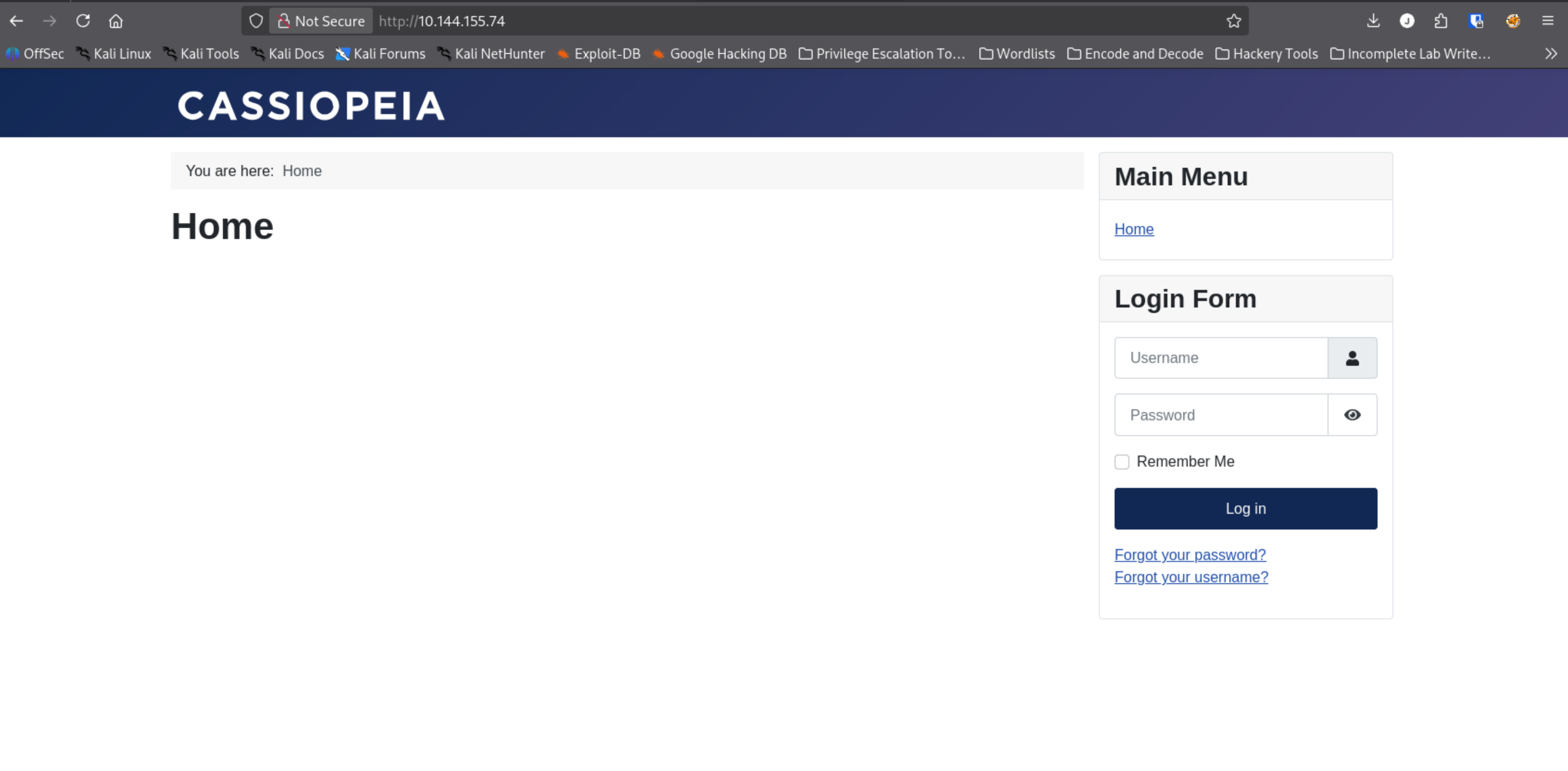 Joomla Cassiopeia default template in browser